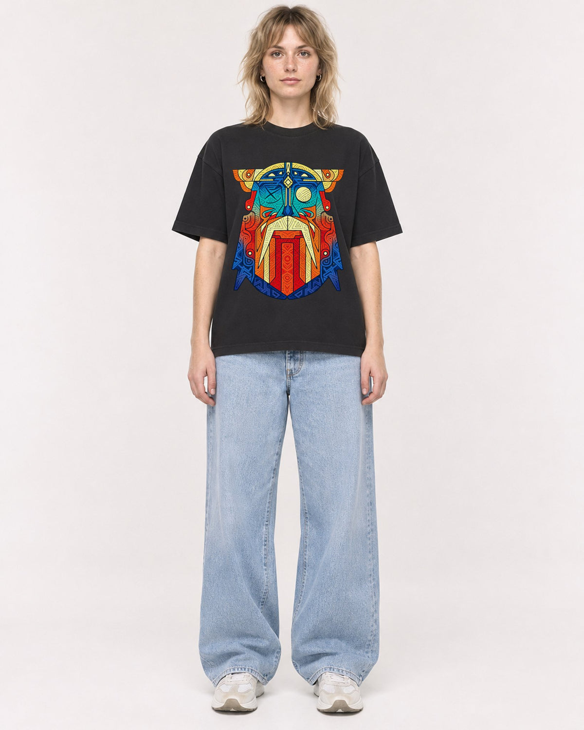 Mockup Boxy Heavyweight Tee Black female full-body 19