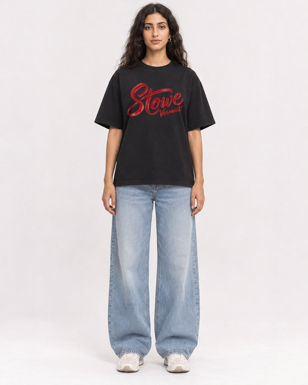Mockup Boxy Heavyweight Tee Black female full-body 07