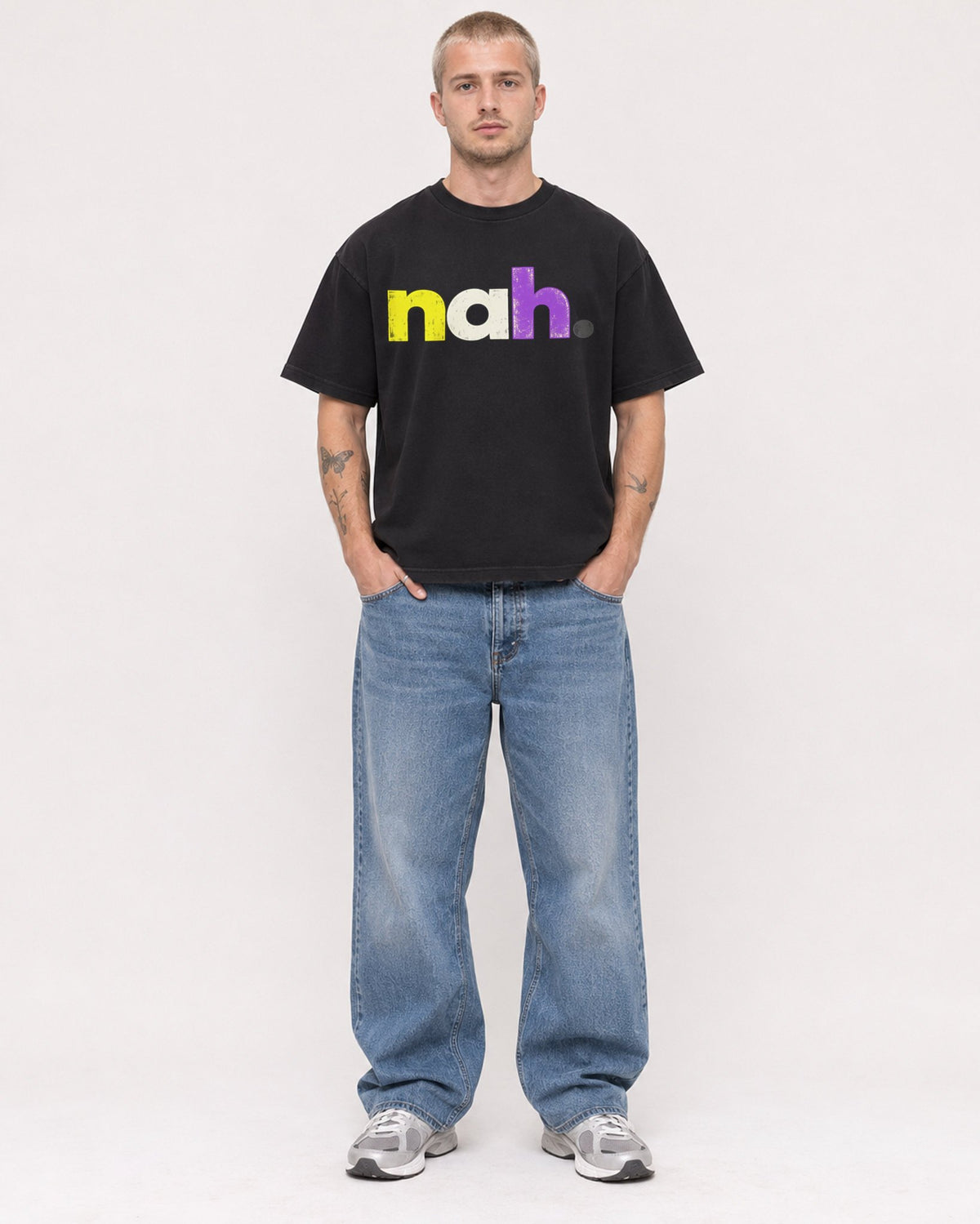 Mockup Boxy Heavyweight Tee Black male full-body 18