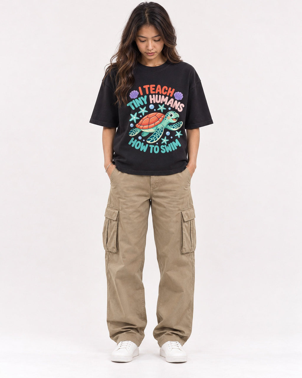 Mockup Boxy Heavyweight Tee Black female full-body 02
