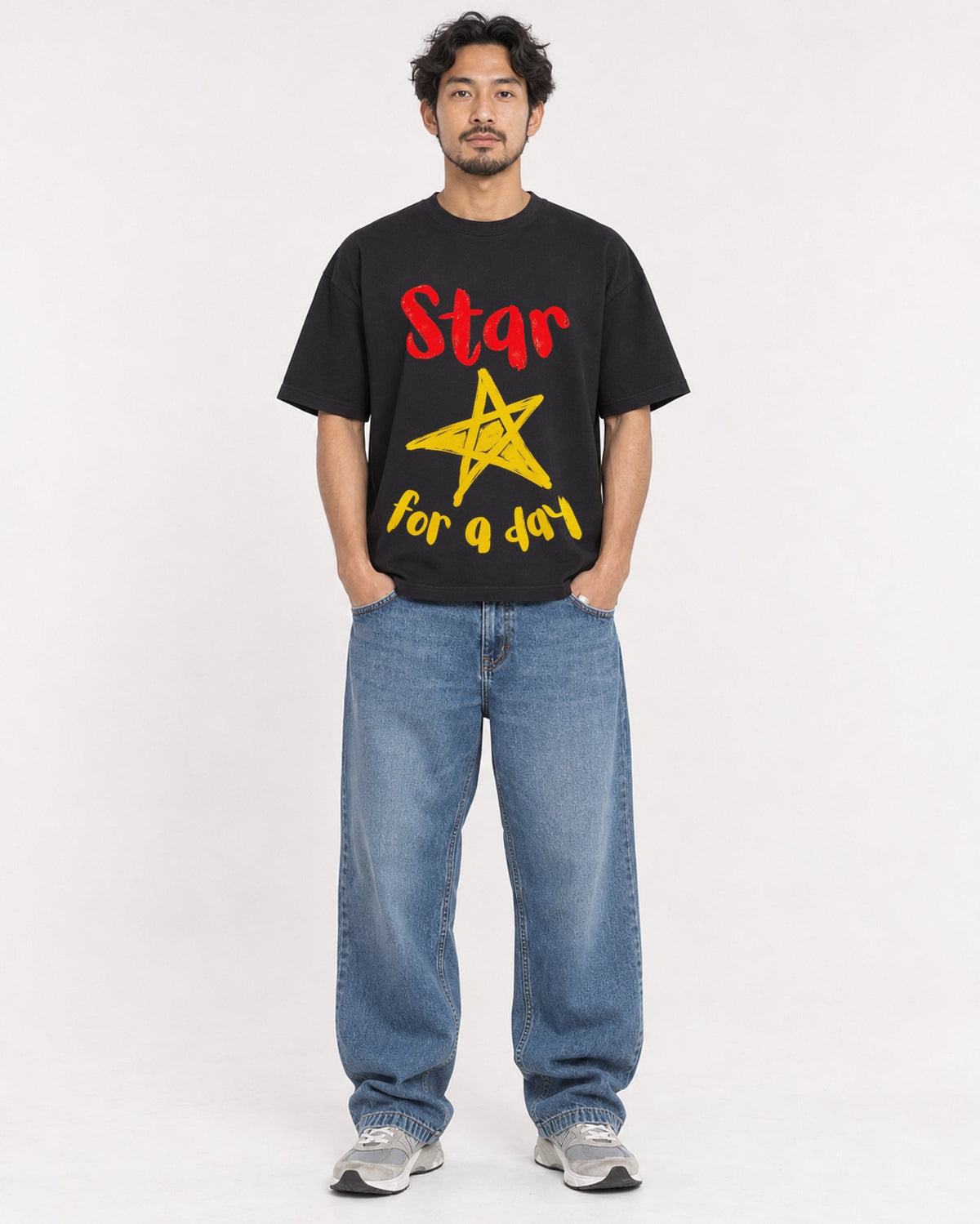 Mockup Boxy Heavyweight Tee Black male full-body 02