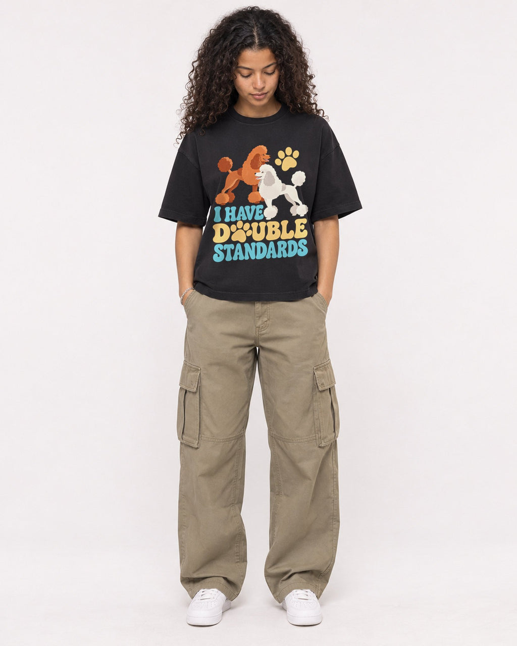 Mockup Boxy Heavyweight Tee Black female full-body 10