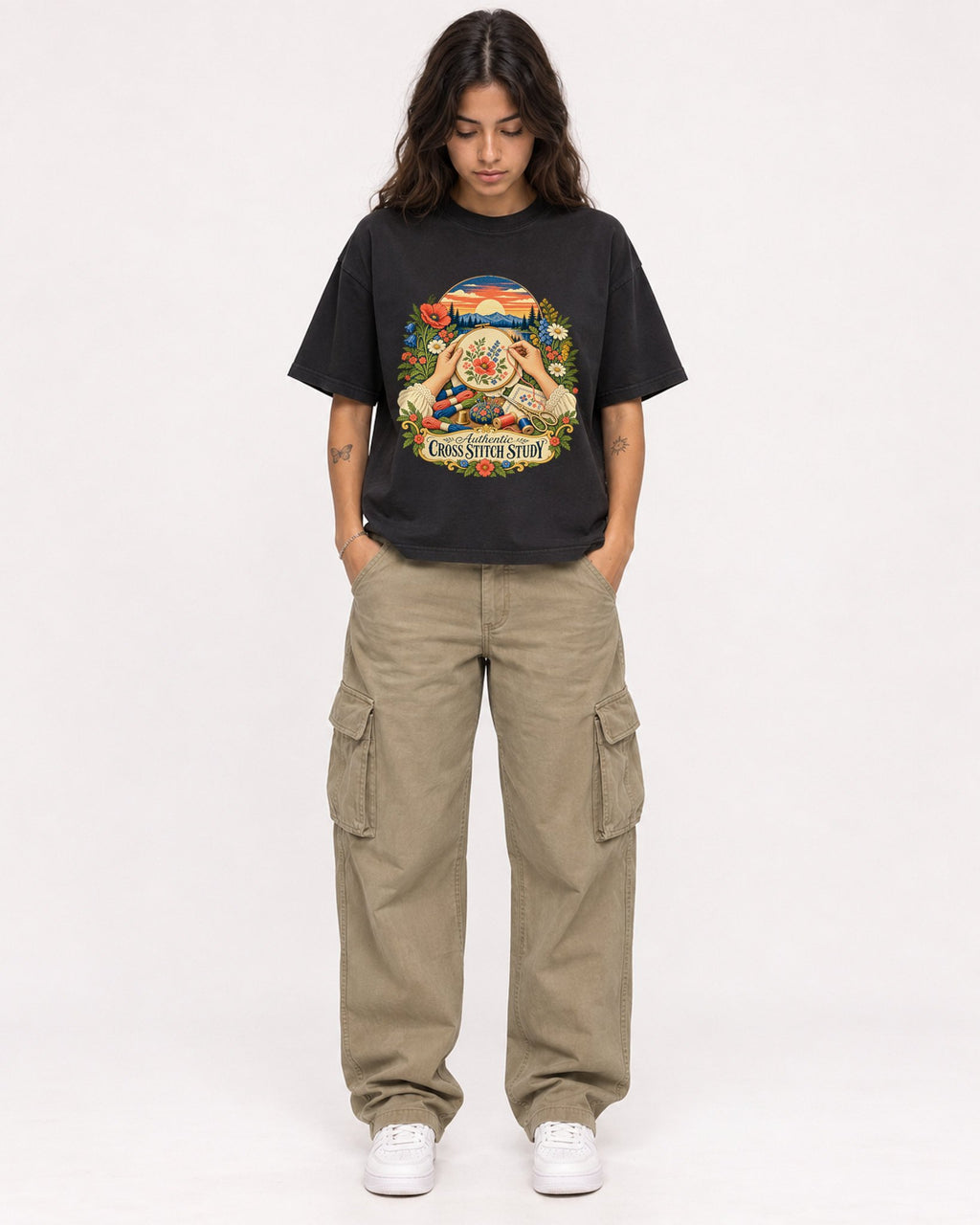 Mockup Boxy Heavyweight Tee Black female full-body 06