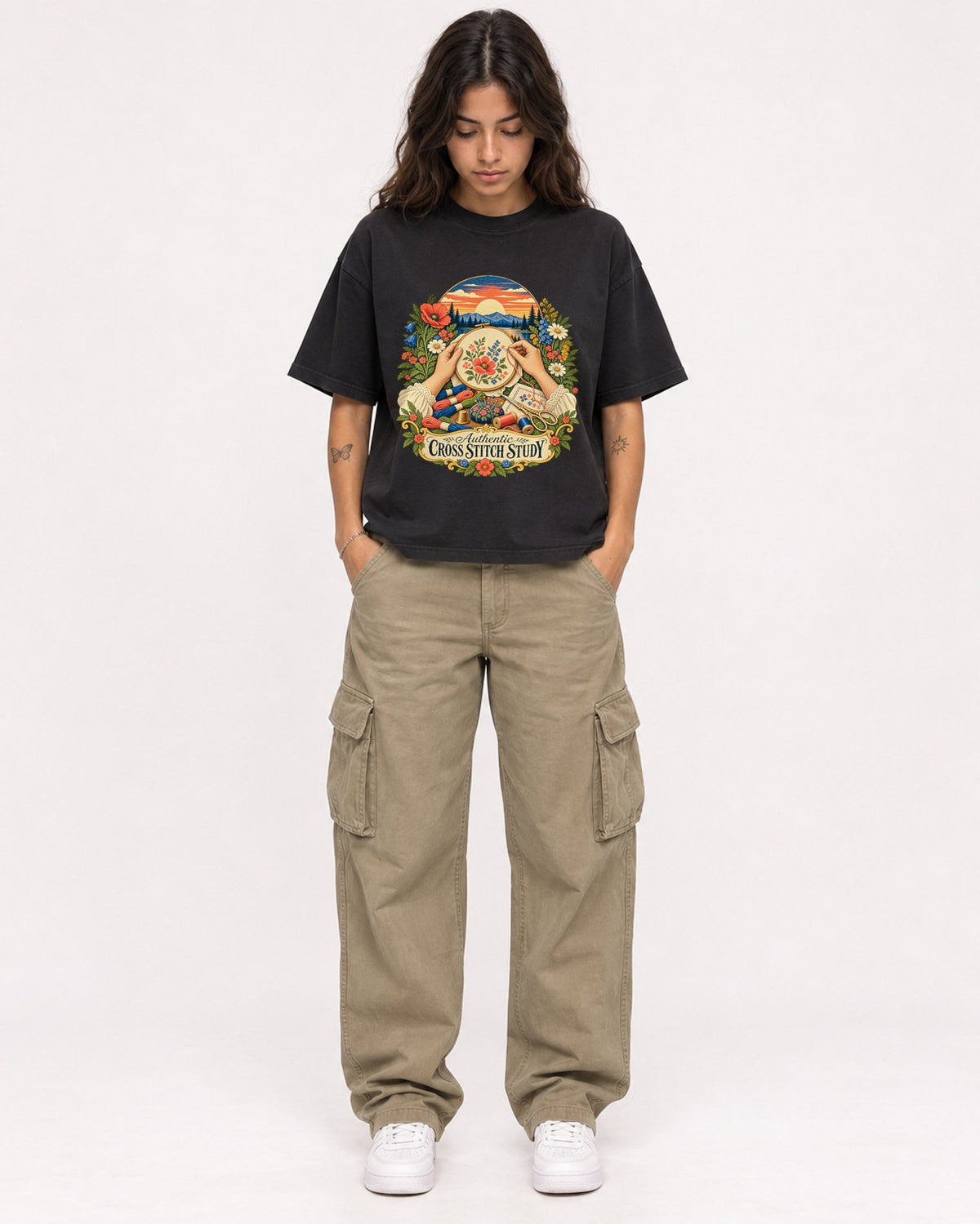 Mockup Boxy Heavyweight Tee Black female full-body 06