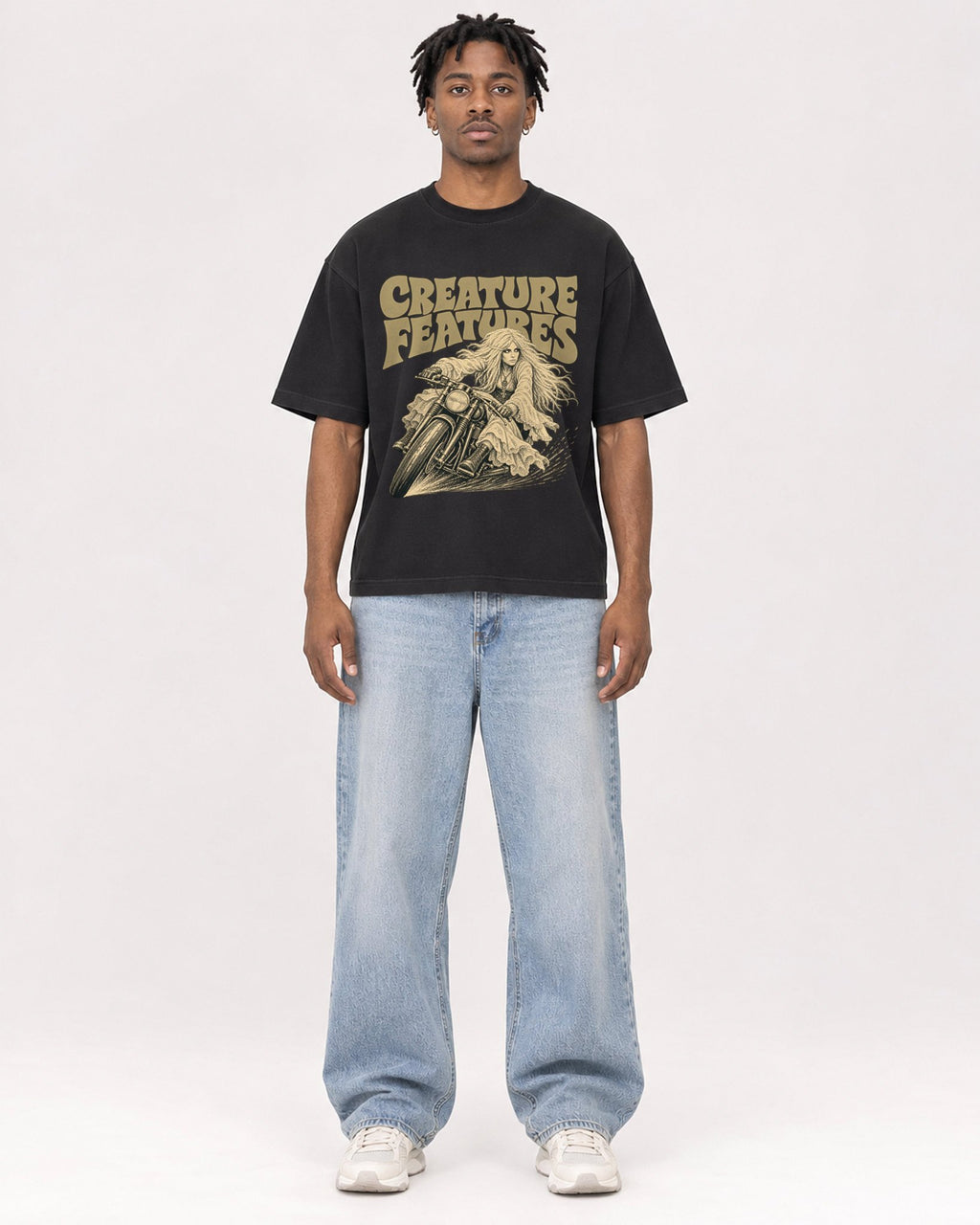 Mockup Boxy Heavyweight Tee Black male full-body 05