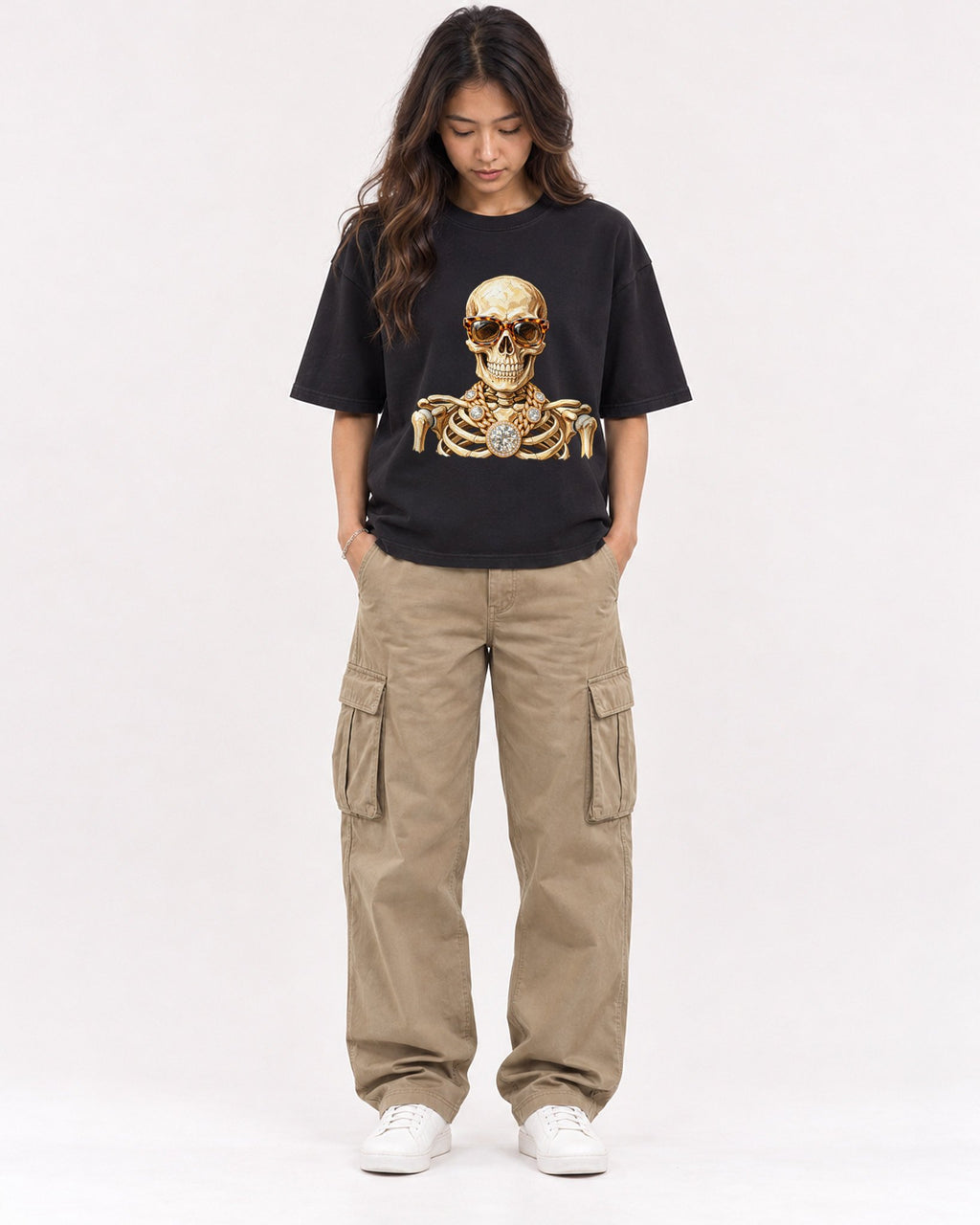 Mockup Boxy Heavyweight Tee Black female full-body 02