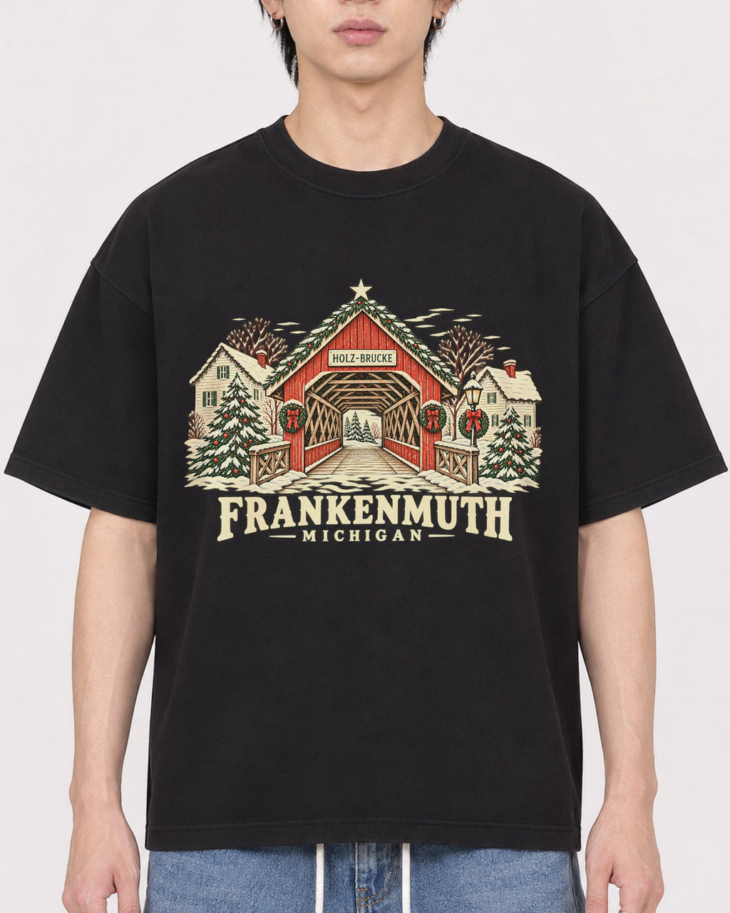 Mockup Boxy Heavyweight Tee Black male close-up 11