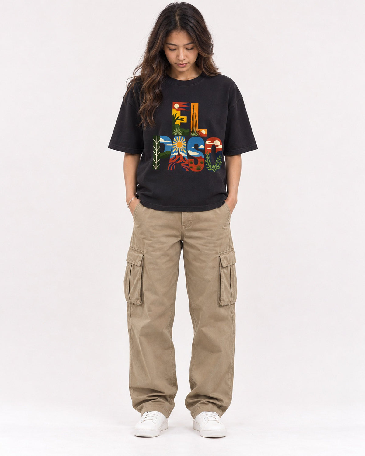 Mockup Boxy Heavyweight Tee Black female full-body 02