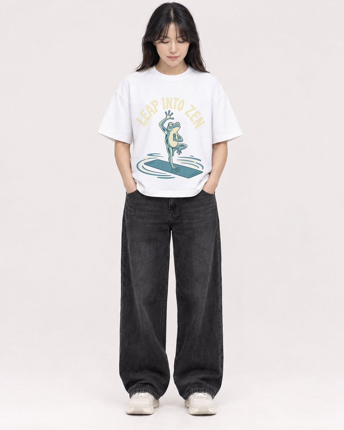 Mockup Boxy Heavyweight Tee White female full-body 13