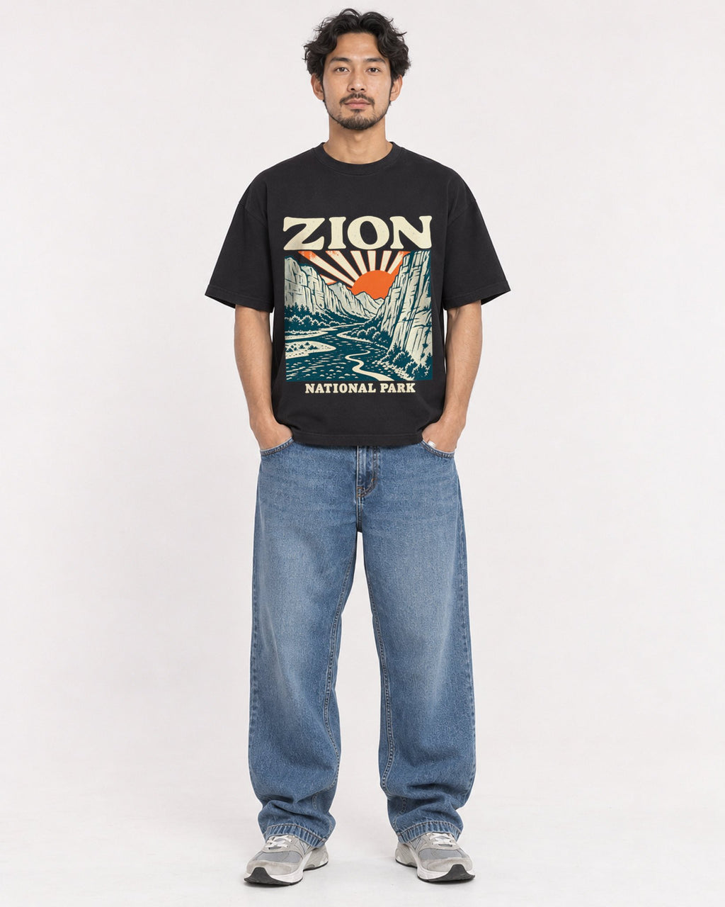Mockup Boxy Heavyweight Tee Black male full-body 02