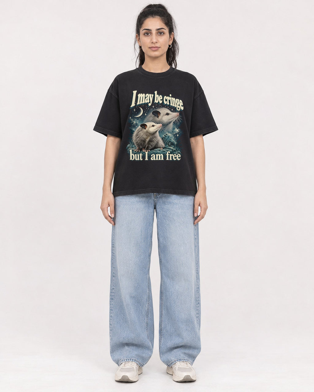 Mockup Boxy Heavyweight Tee Black female full-body 47