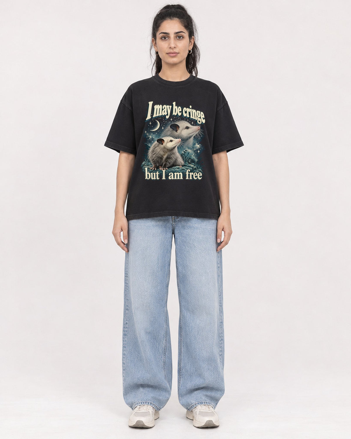 Mockup Boxy Heavyweight Tee Black female full-body 47