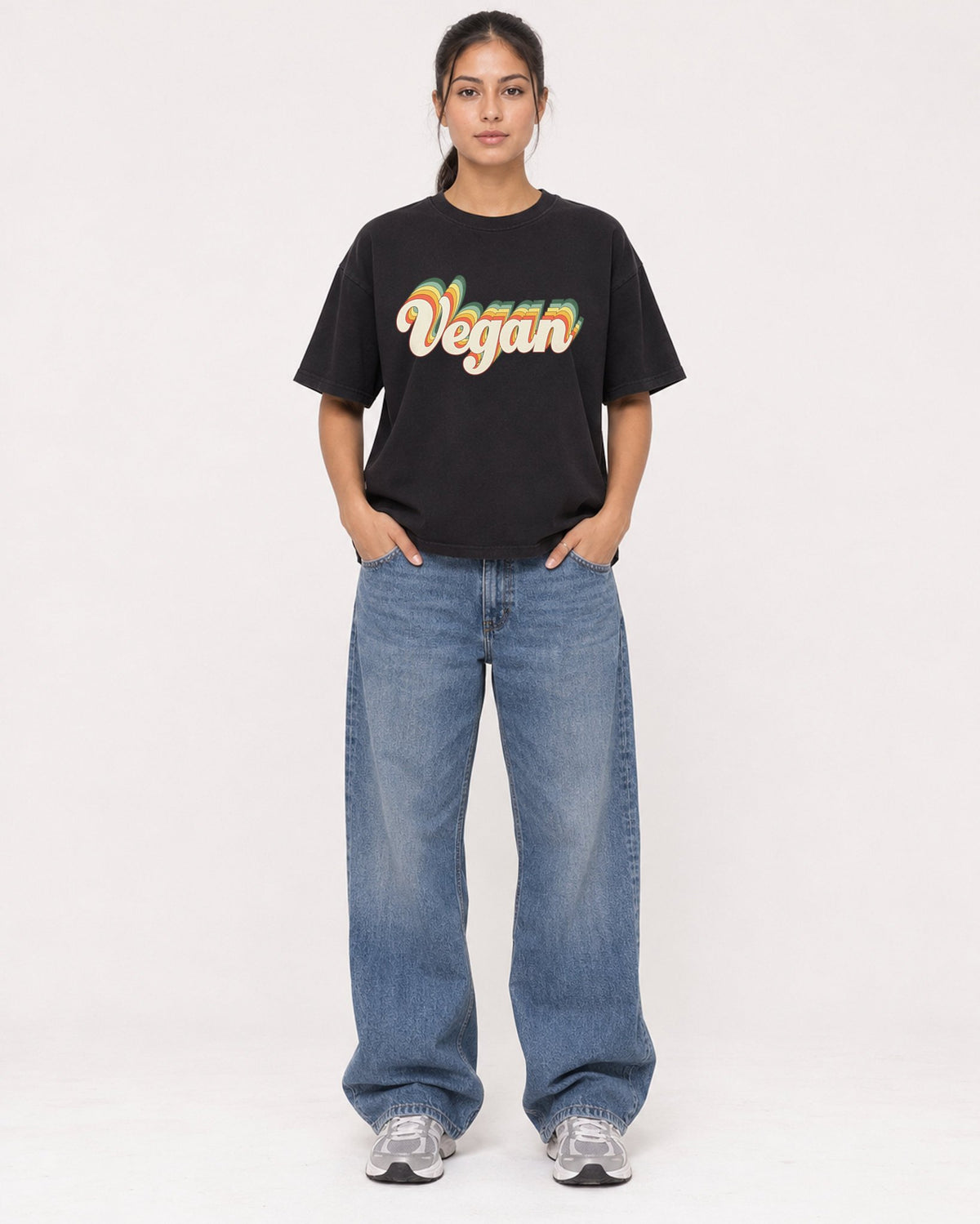 Mockup Boxy Heavyweight Tee Black female full-body 16