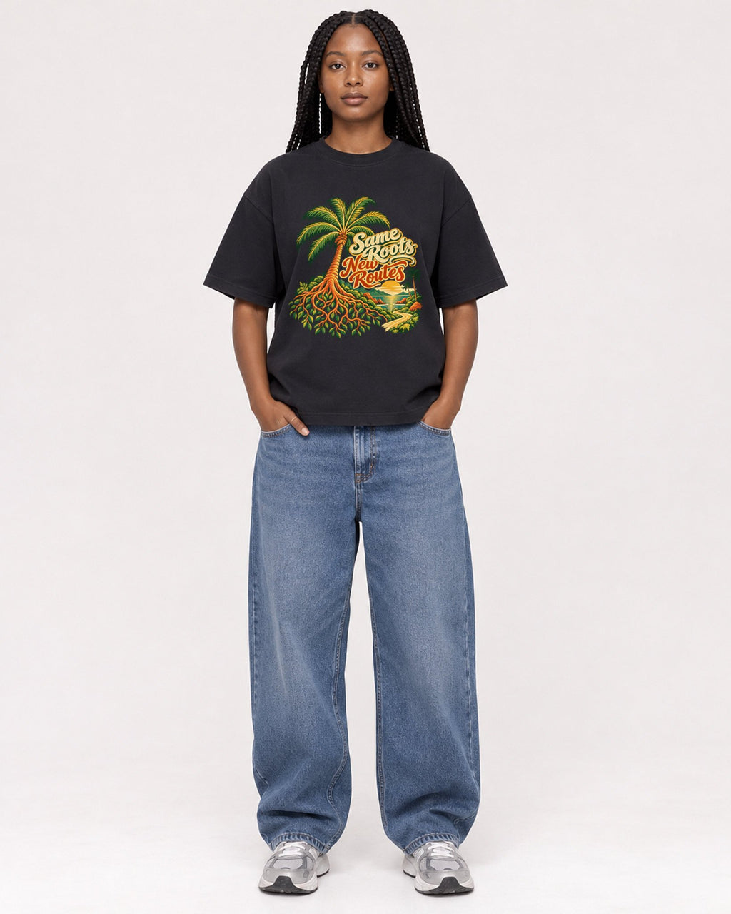 Mockup Boxy Heavyweight Tee Black female full-body 04