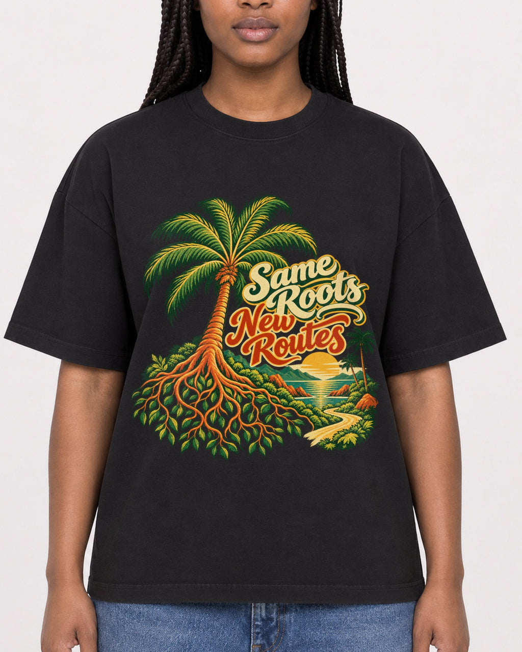 Mockup Boxy Heavyweight Tee Black female close-up 04