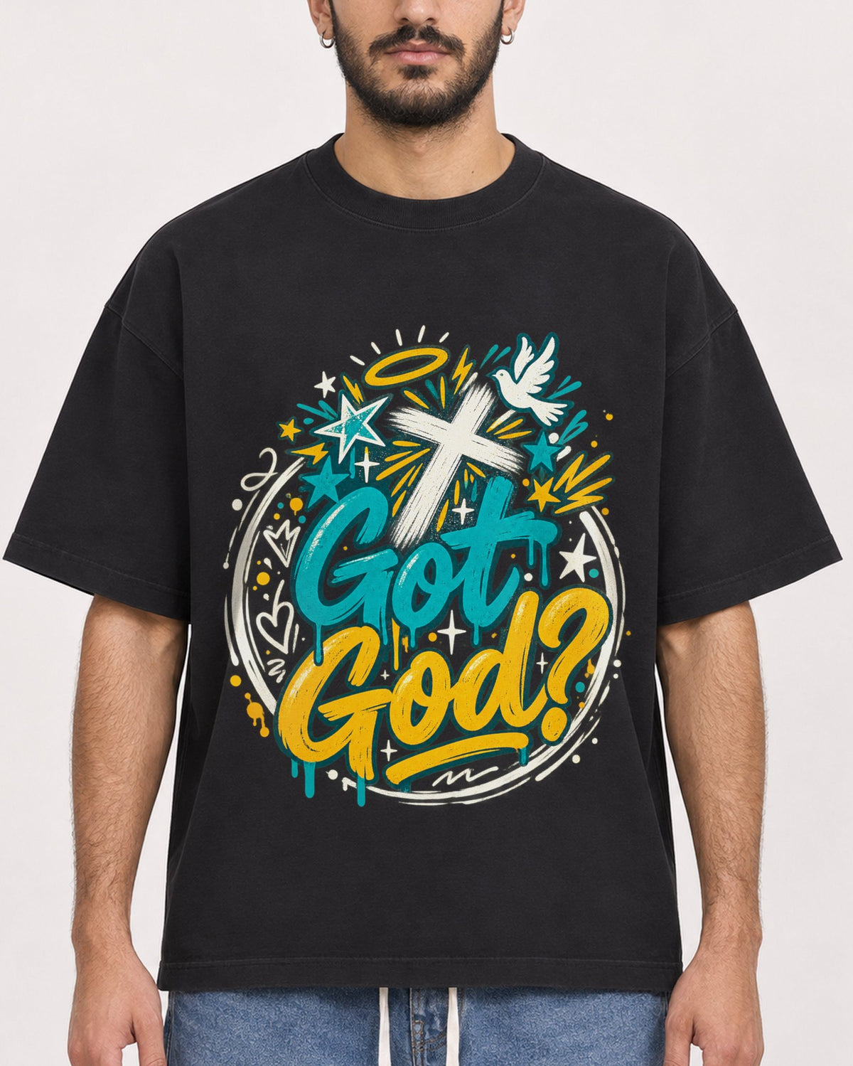 Mockup Boxy Heavyweight Tee Black male close-up 07