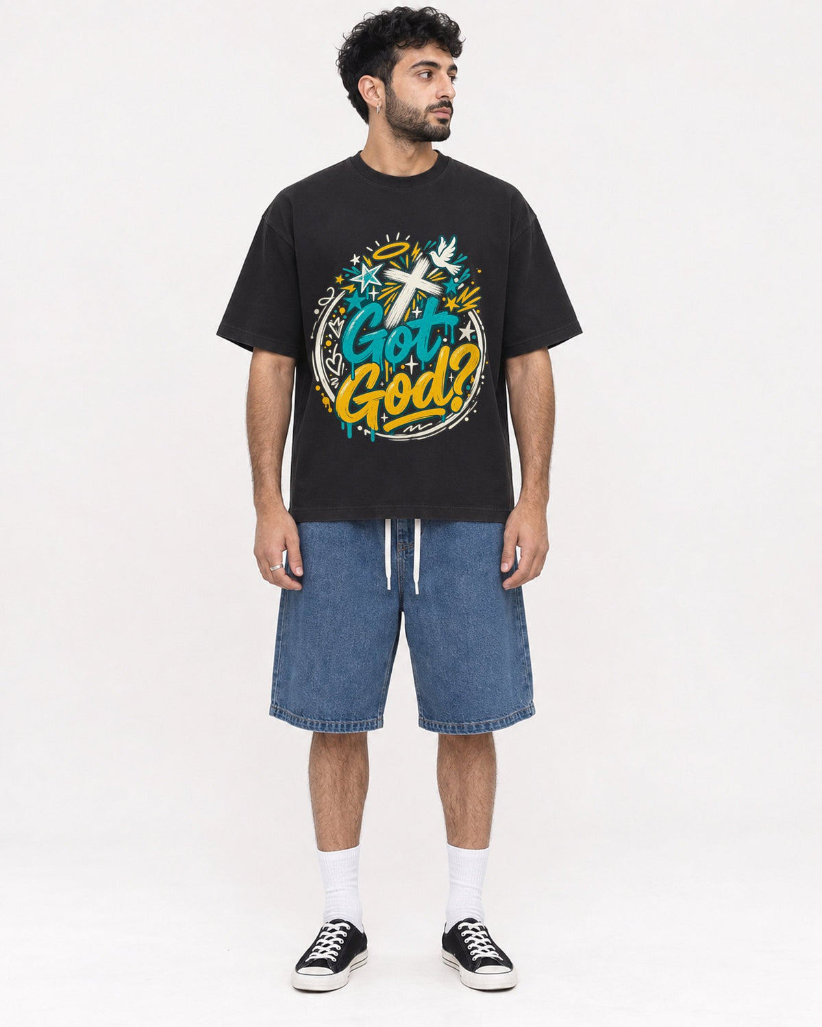 Mockup Boxy Heavyweight Tee Black male full-body 07