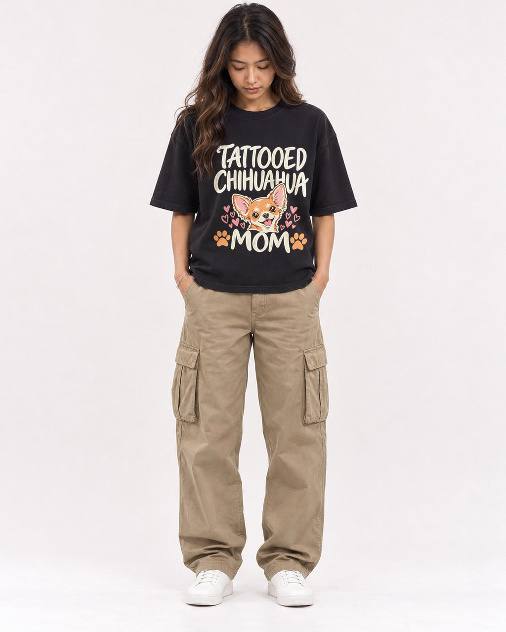 Mockup Boxy Heavyweight Tee Black female full-body 02