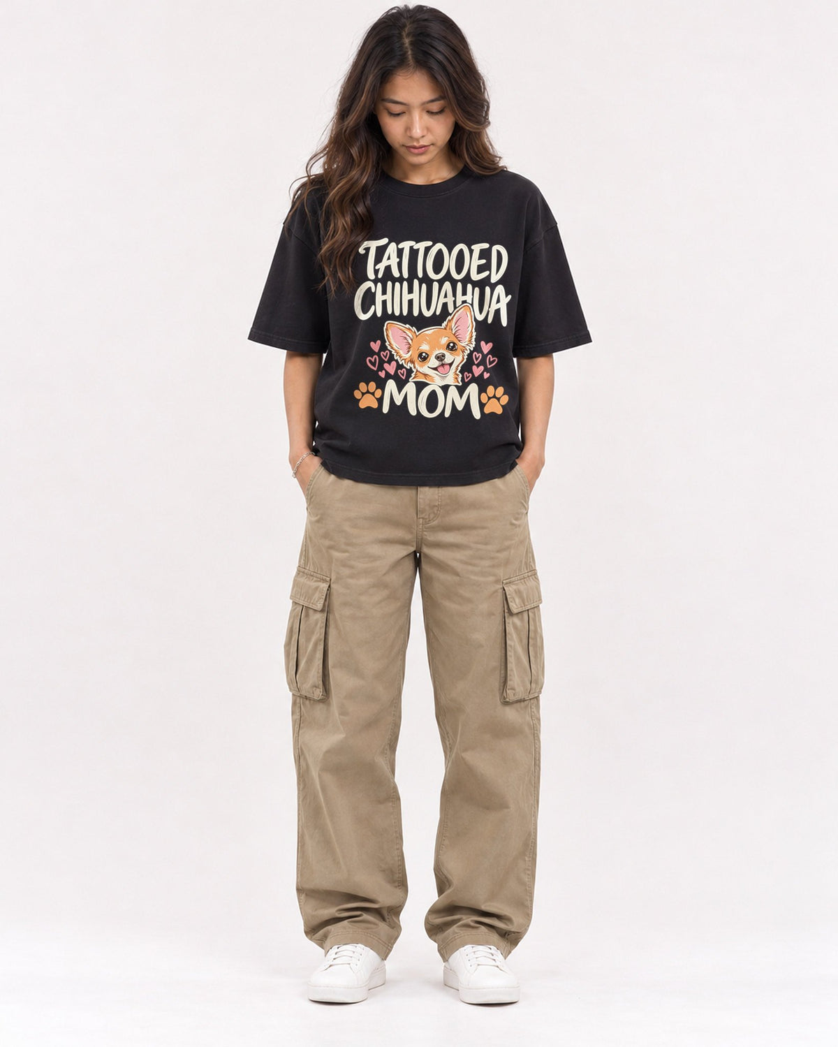 Mockup Boxy Heavyweight Tee Black female full-body 02