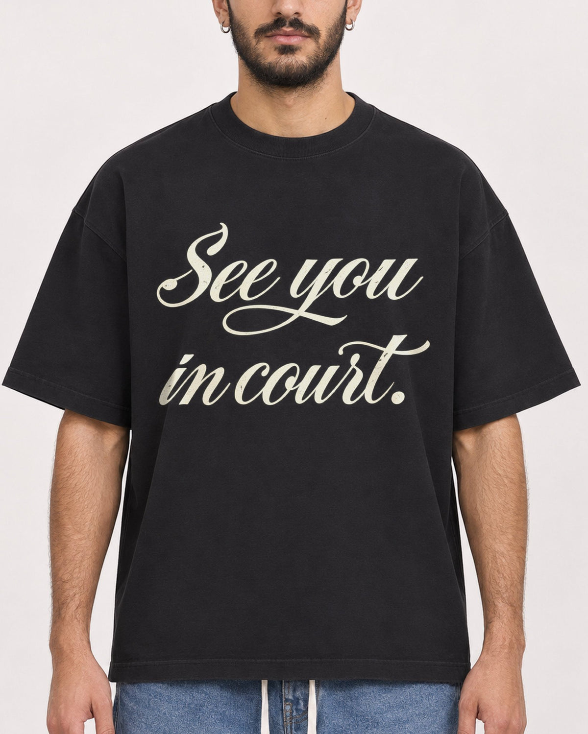 Mockup Boxy Heavyweight Tee Black male close-up 07
