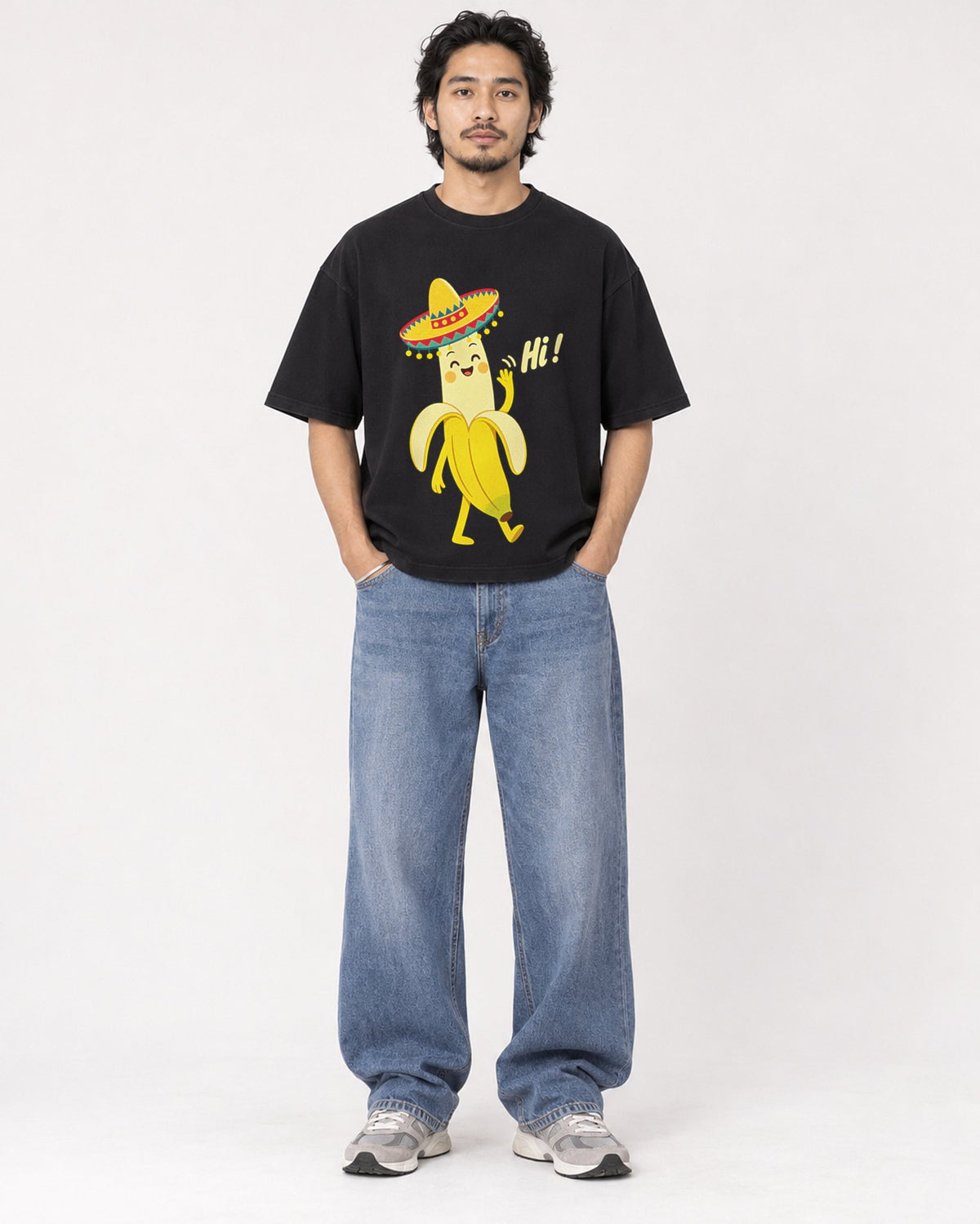 Mockup Boxy Heavyweight Tee Black male full-body 22