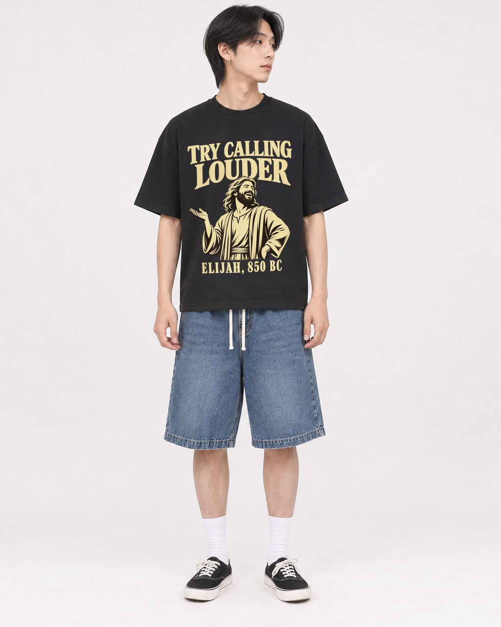 Mockup Boxy Heavyweight Tee Black male full-body 11
