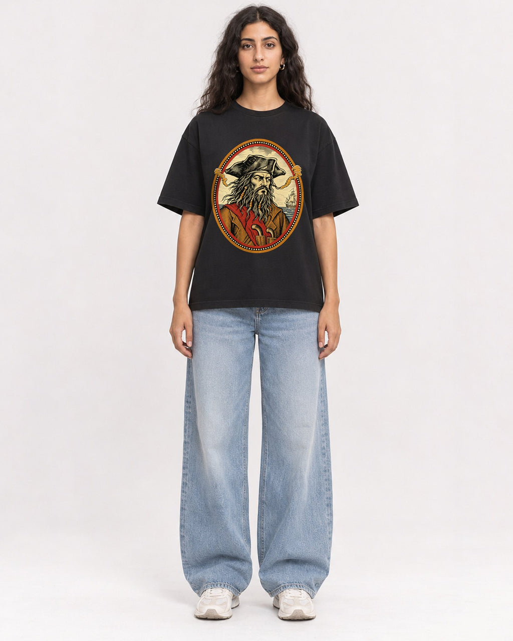 Mockup Boxy Heavyweight Tee Black female full-body 07