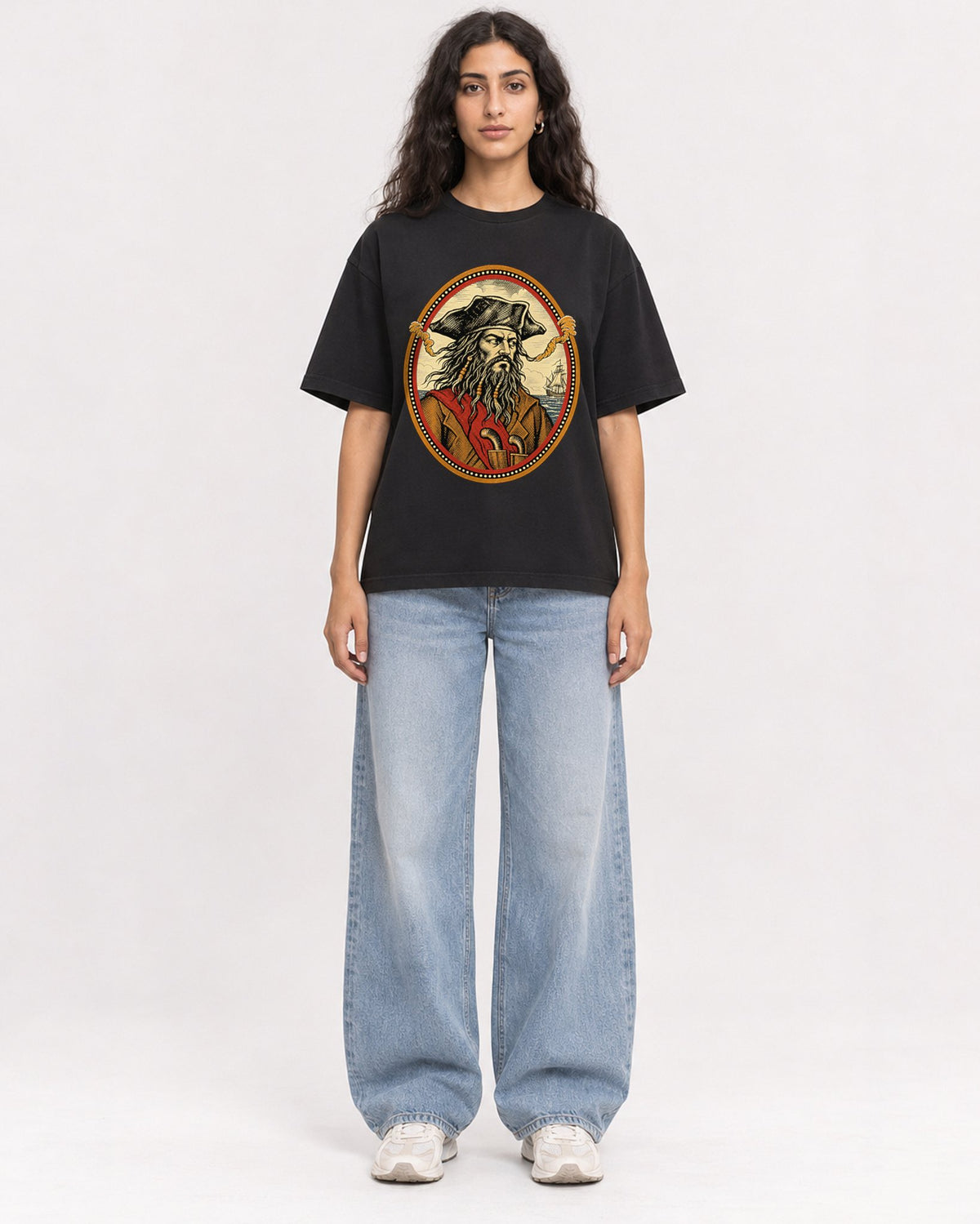 Mockup Boxy Heavyweight Tee Black female full-body 07