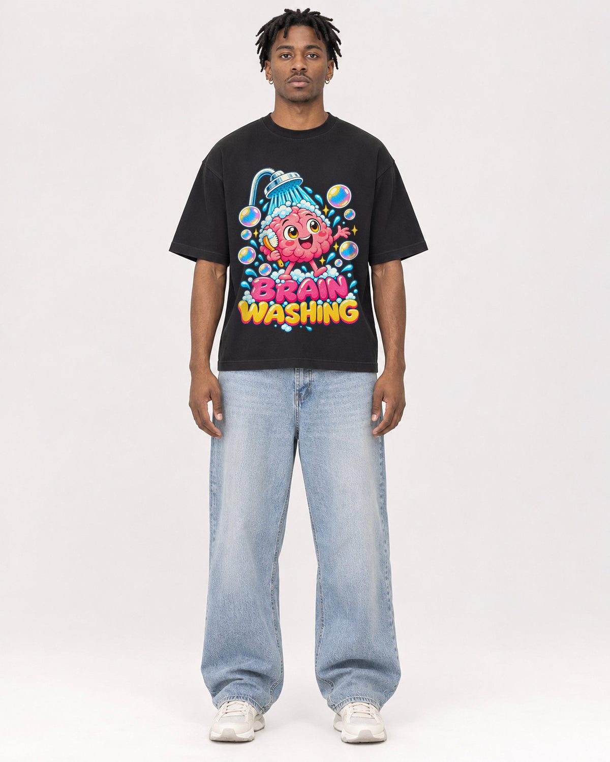 Mockup Boxy Heavyweight Tee Black male full-body 05