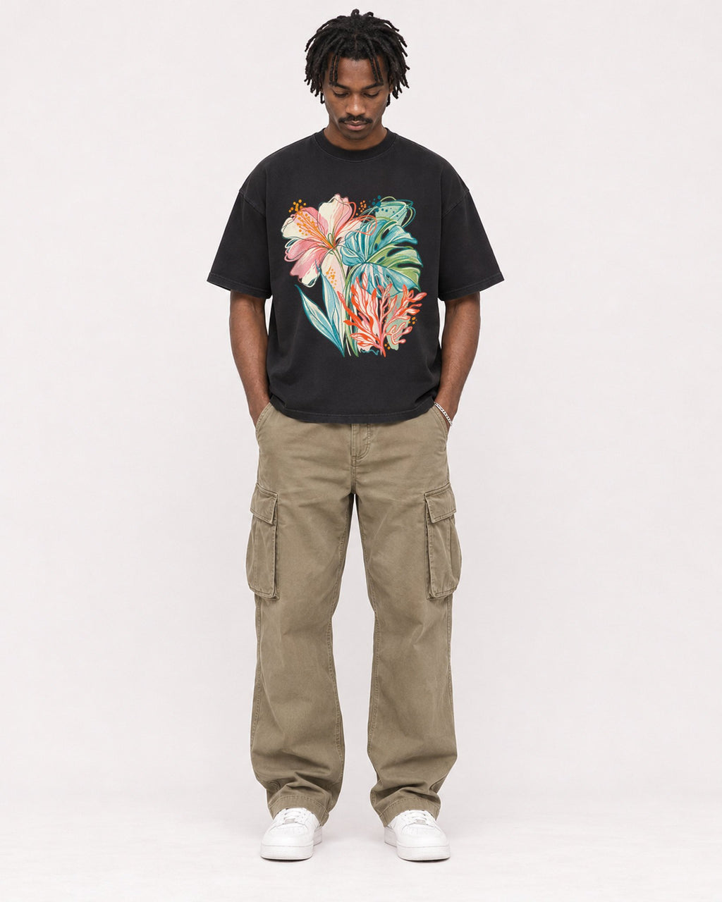 Mockup Boxy Heavyweight Tee Black male full-body 04