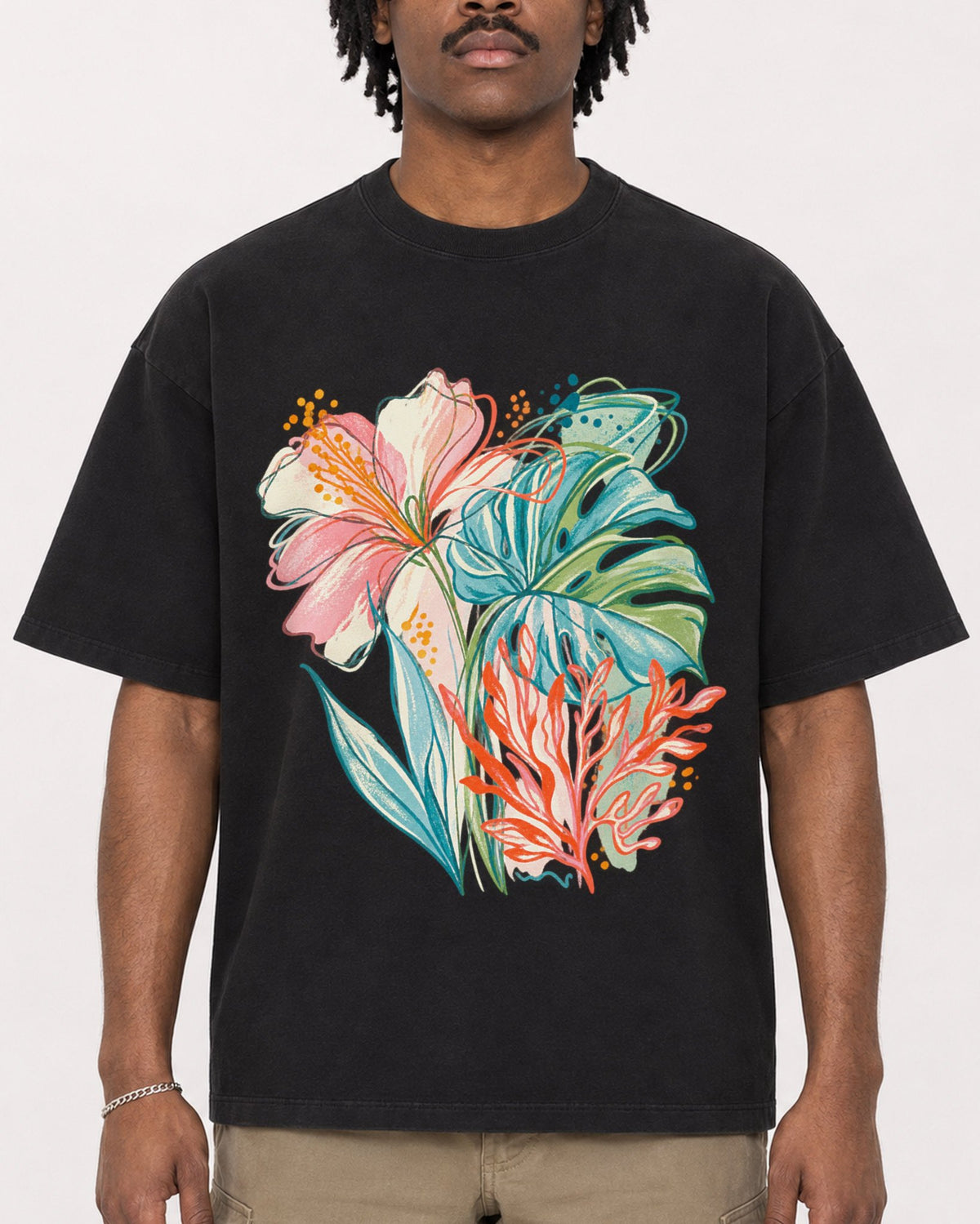Mockup Boxy Heavyweight Tee Black male close-up 04