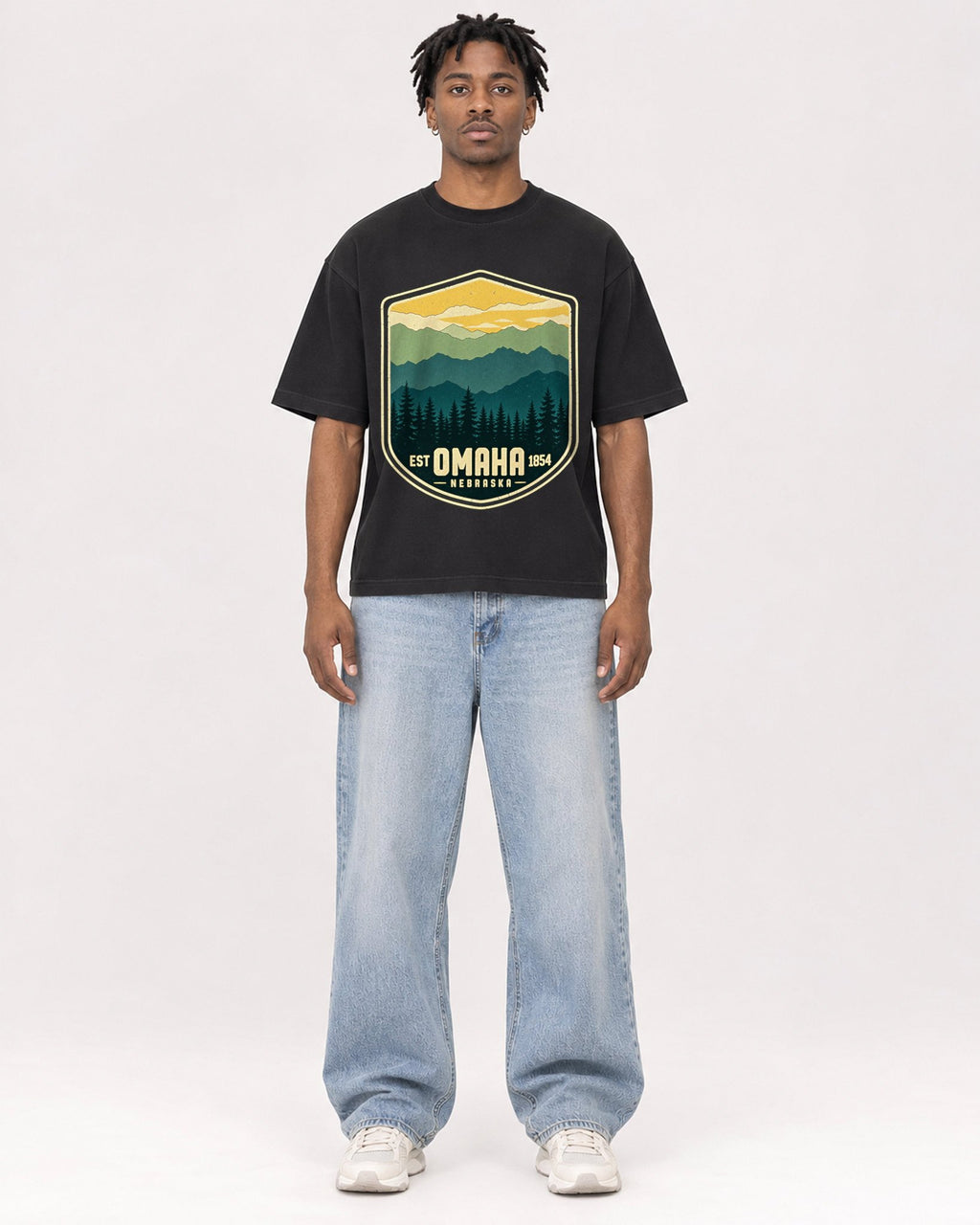 Mockup Boxy Heavyweight Tee Black male full-body 05