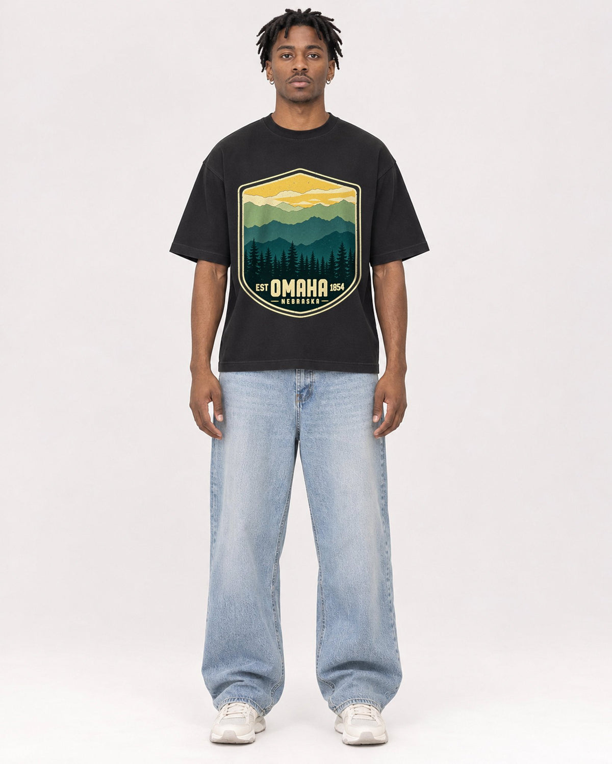 Mockup Boxy Heavyweight Tee Black male full-body 05