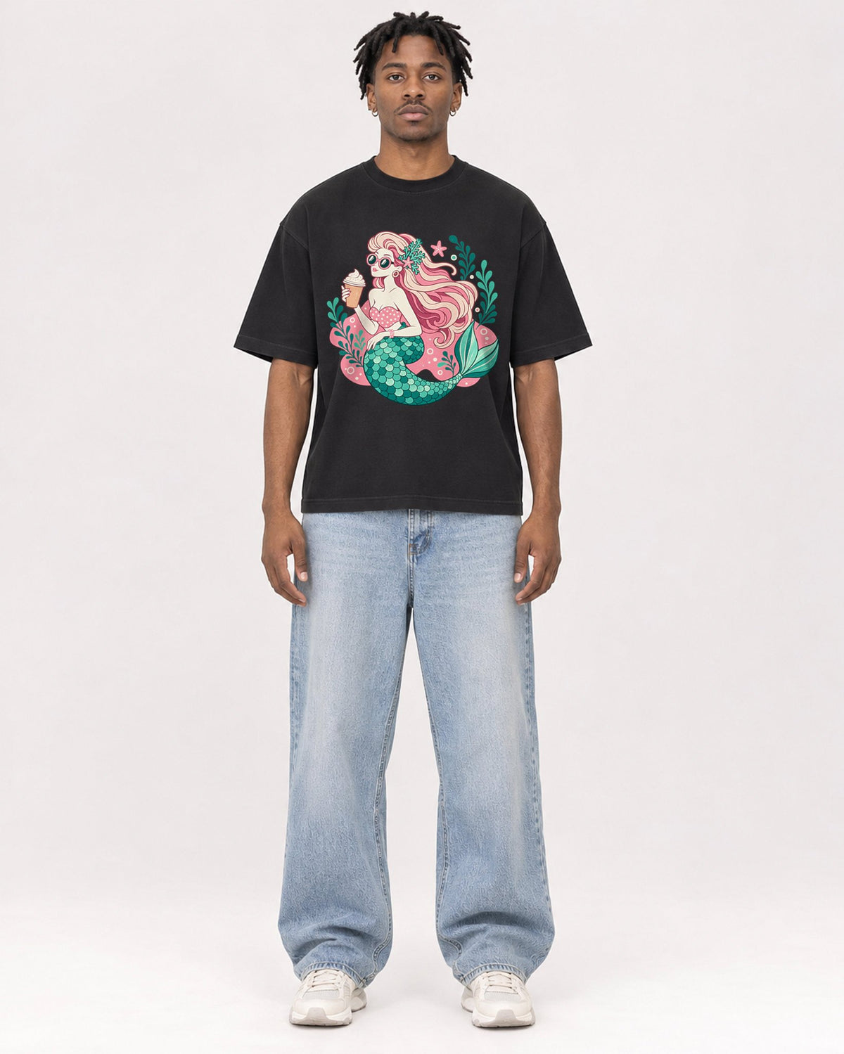 Mockup Boxy Heavyweight Tee Black male full-body 05