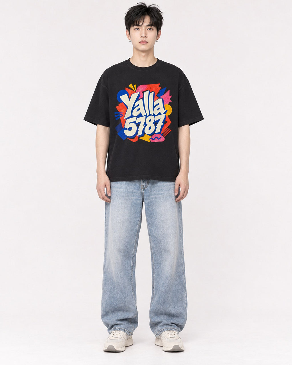 Mockup Boxy Heavyweight Tee Black male full-body 01