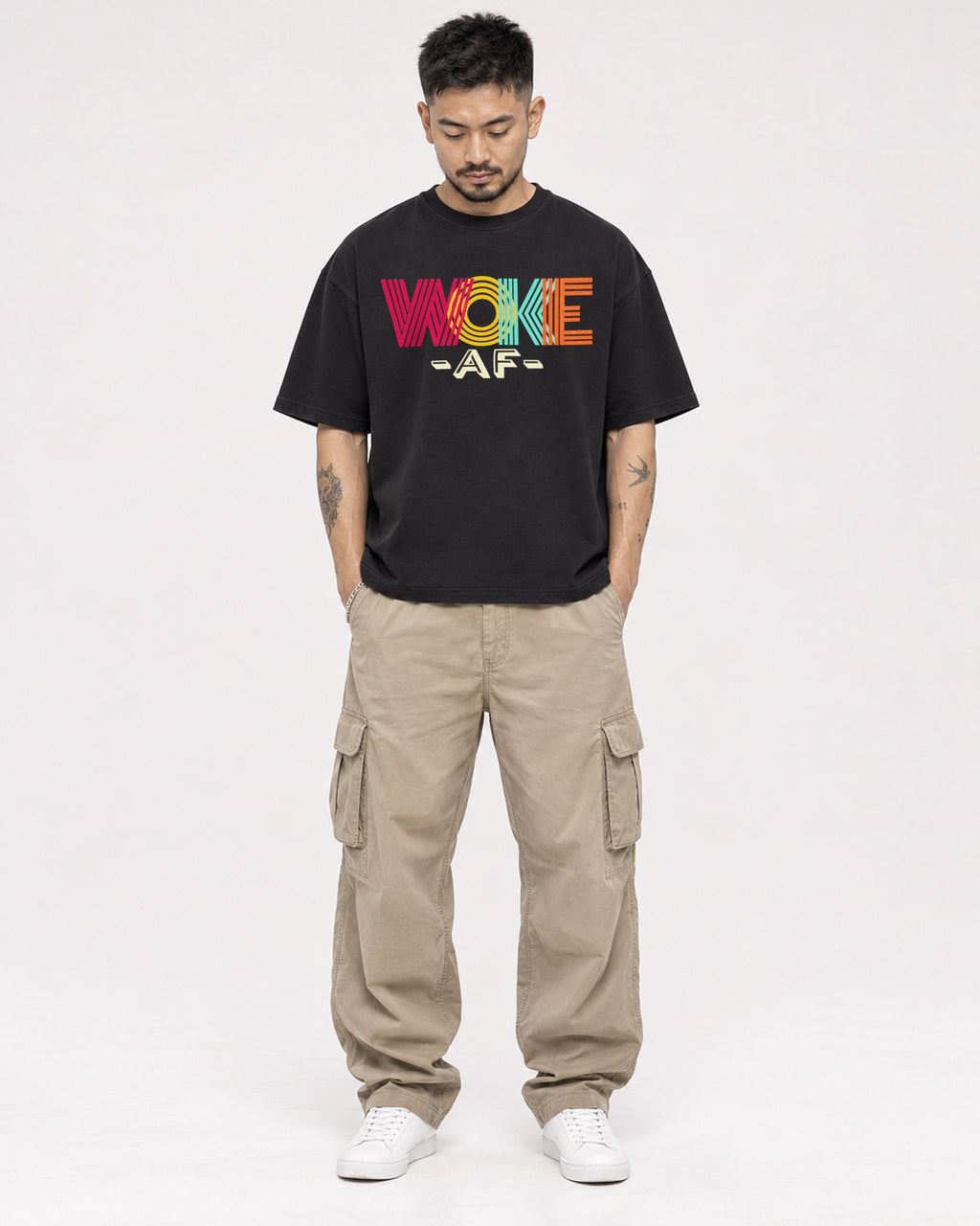 Mockup Boxy Heavyweight Tee Black male full-body 12