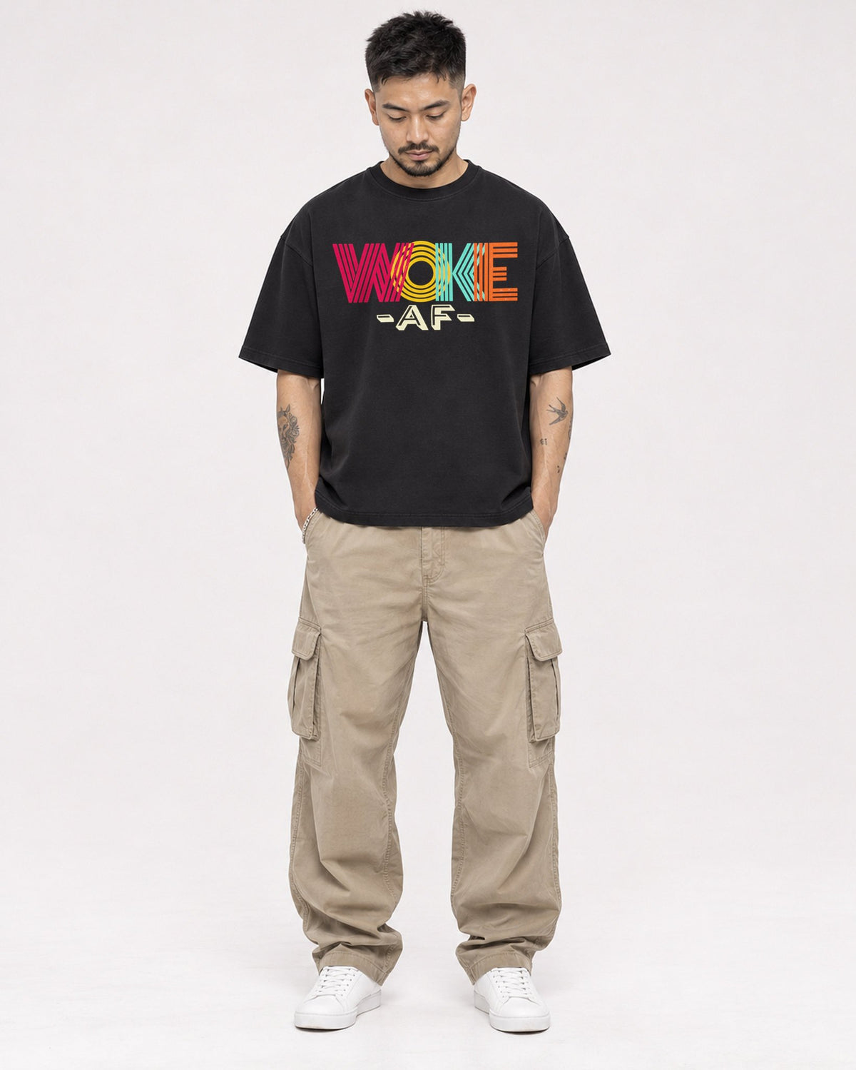 Mockup Boxy Heavyweight Tee Black male full-body 12
