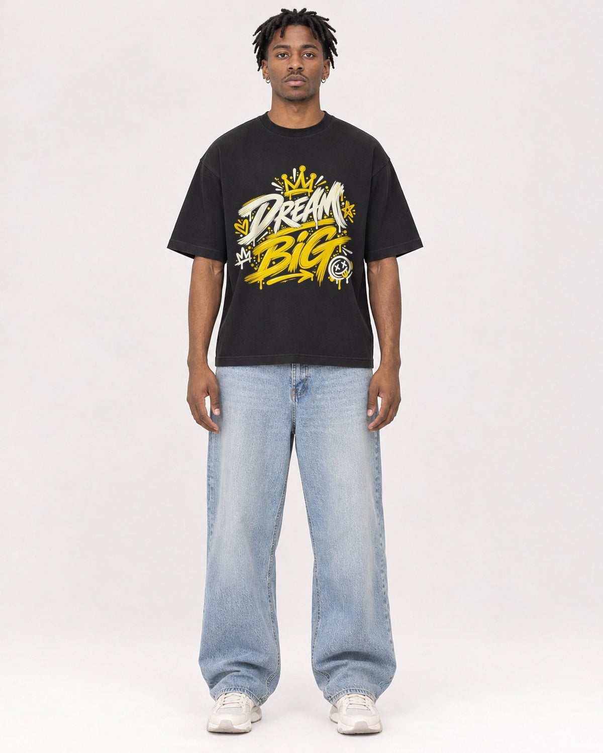 Mockup Boxy Heavyweight Tee Black male full-body 05