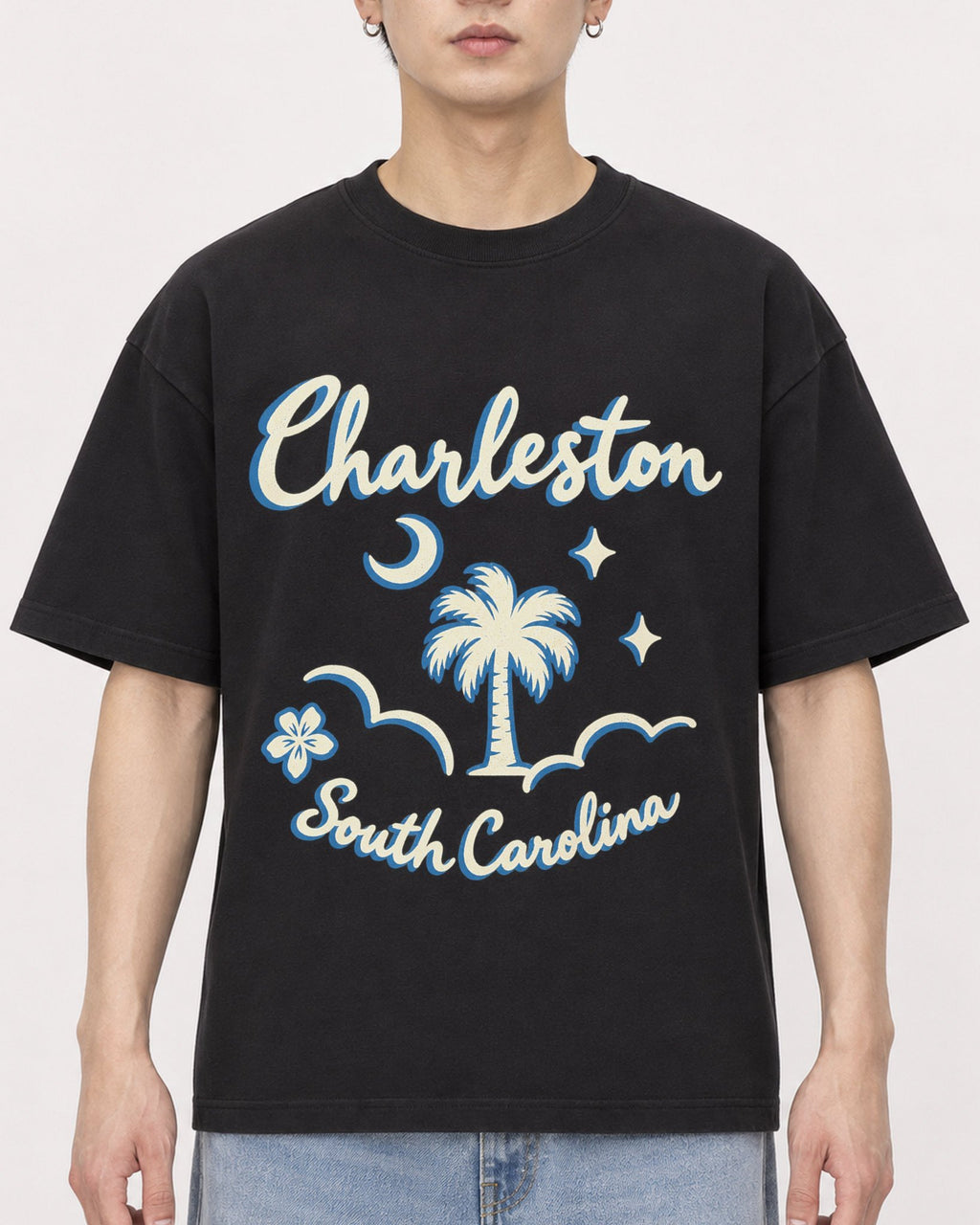 Mockup Boxy Heavyweight Tee Black male close-up 01