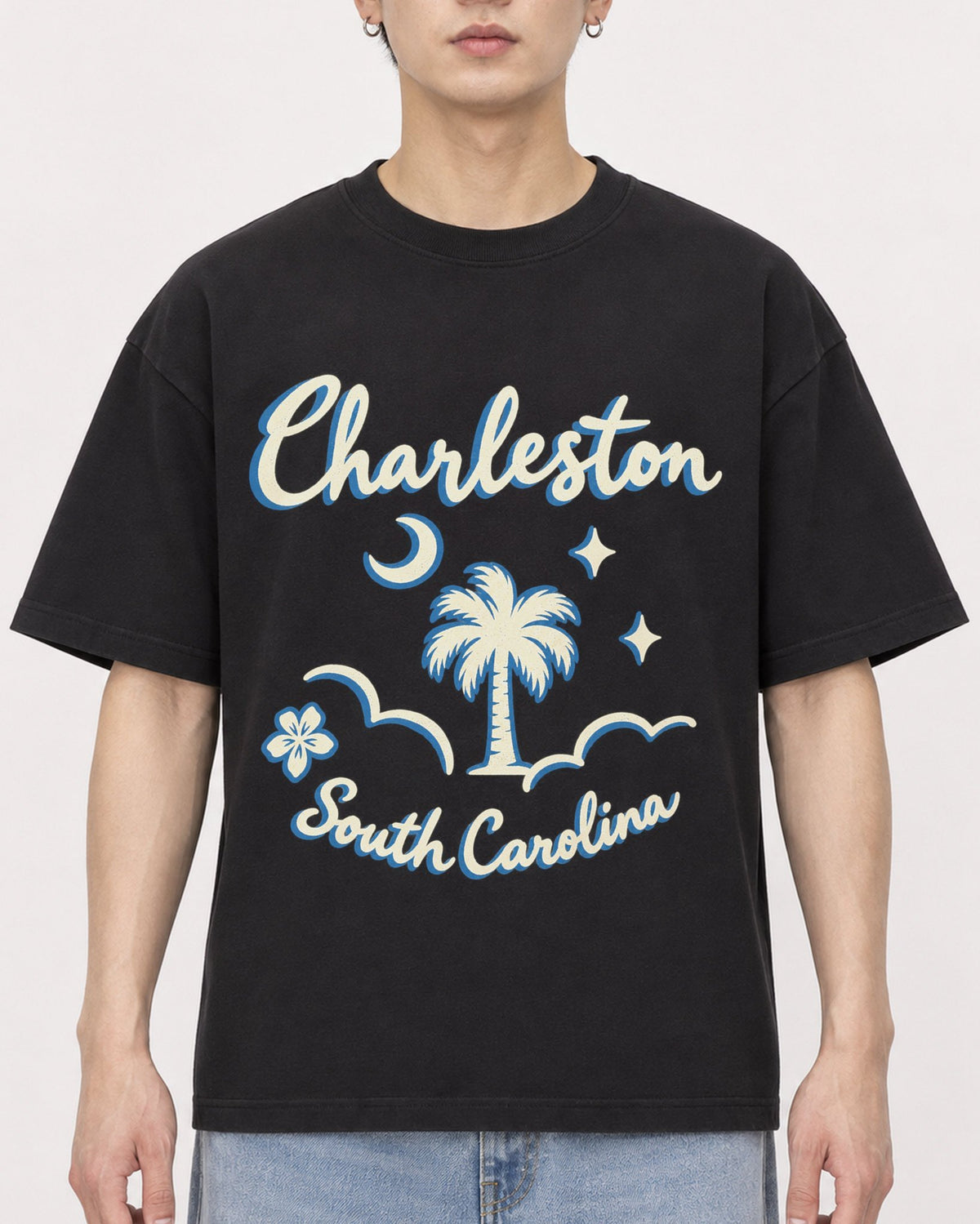 Mockup Boxy Heavyweight Tee Black male close-up 01