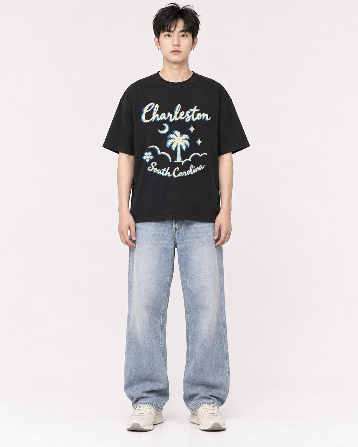 Mockup Boxy Heavyweight Tee Black male full-body 01