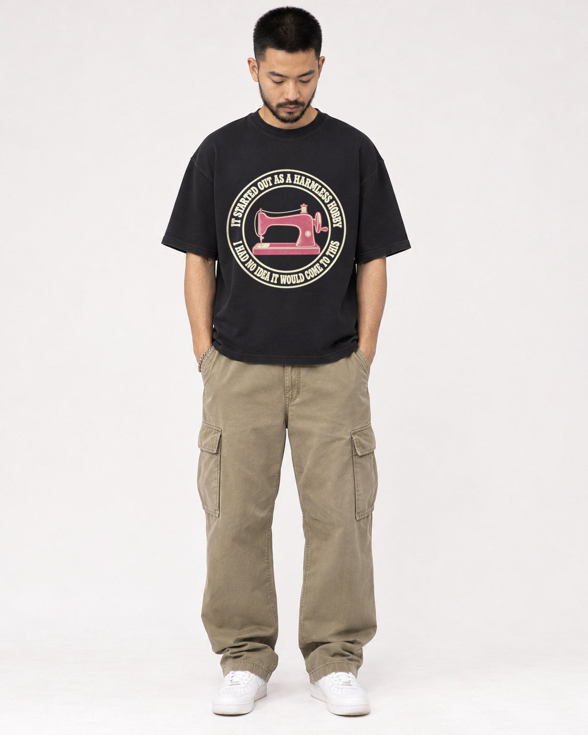 Mockup Boxy Heavyweight Tee Black male full-body 32