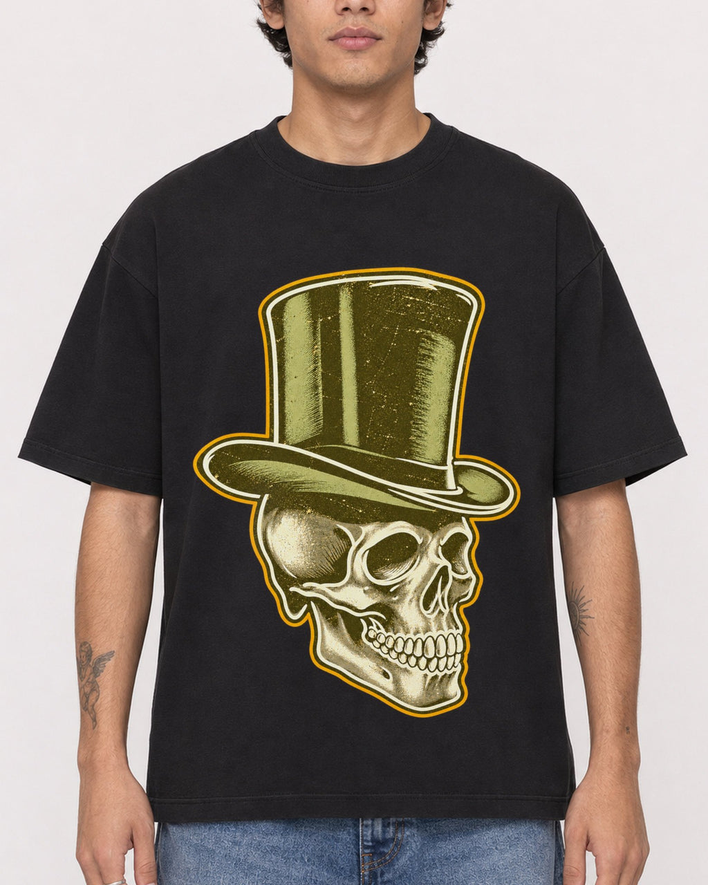 Mockup Boxy Heavyweight Tee Black male close-up 06