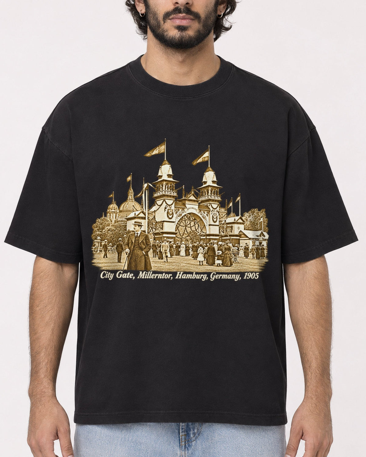 Mockup Boxy Heavyweight Tee Black male close-up 17