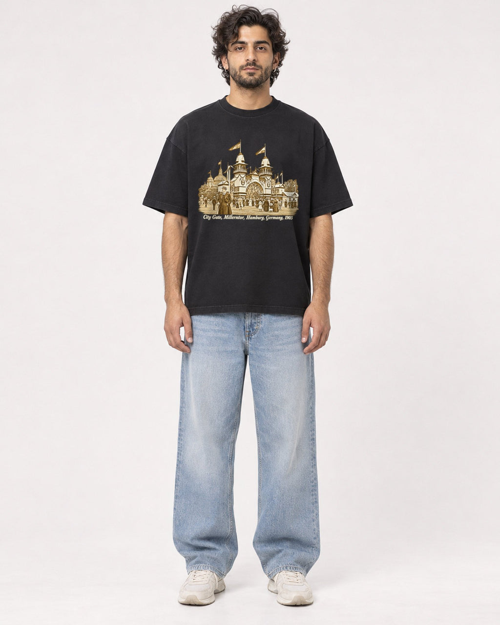 Mockup Boxy Heavyweight Tee Black male full-body 17