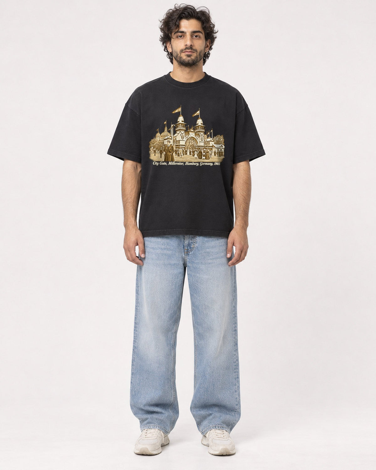 Mockup Boxy Heavyweight Tee Black male full-body 17