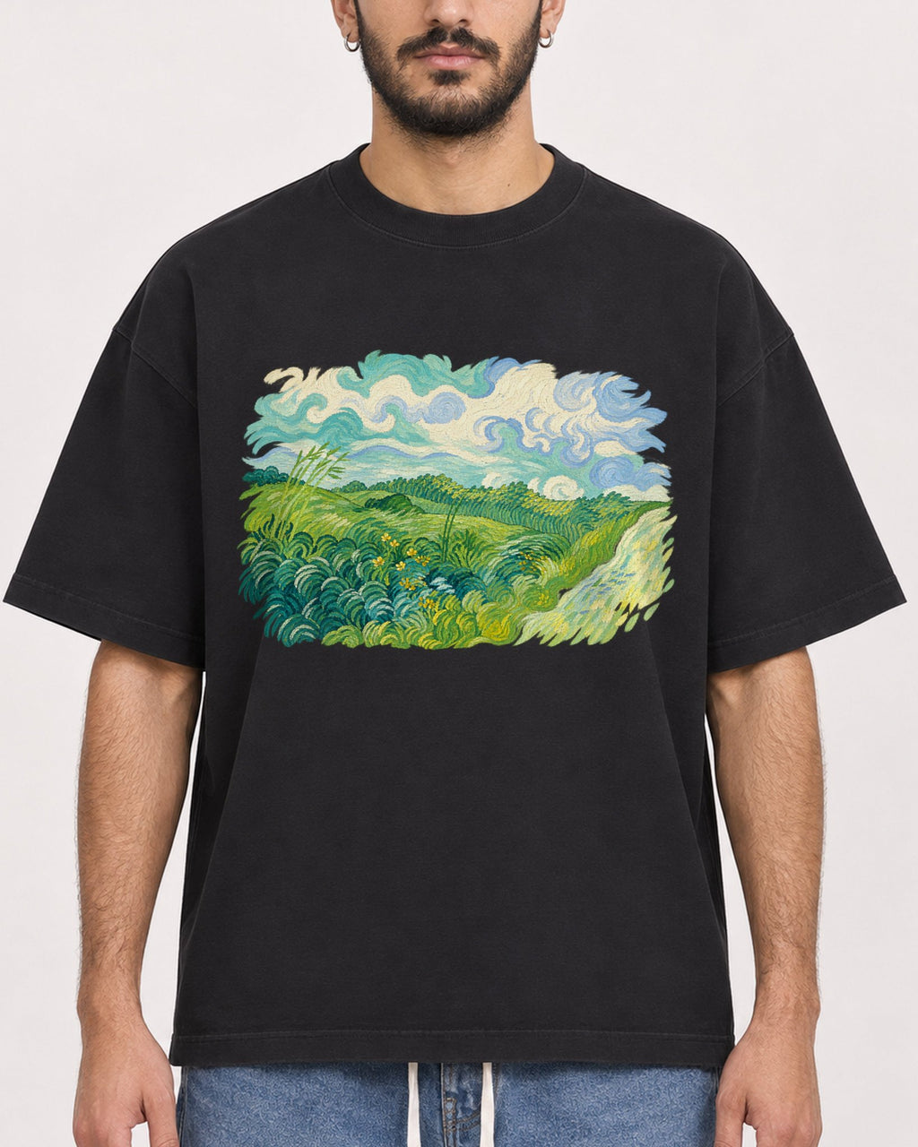 Mockup Boxy Heavyweight Tee Black male close-up 07