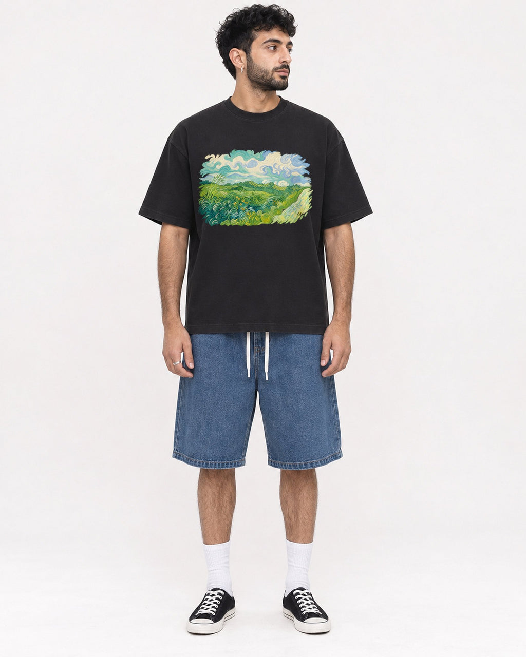 Mockup Boxy Heavyweight Tee Black male full-body 07