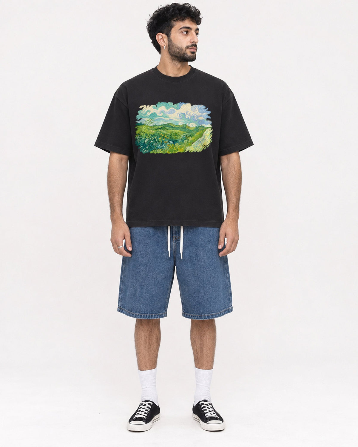 Mockup Boxy Heavyweight Tee Black male full-body 07