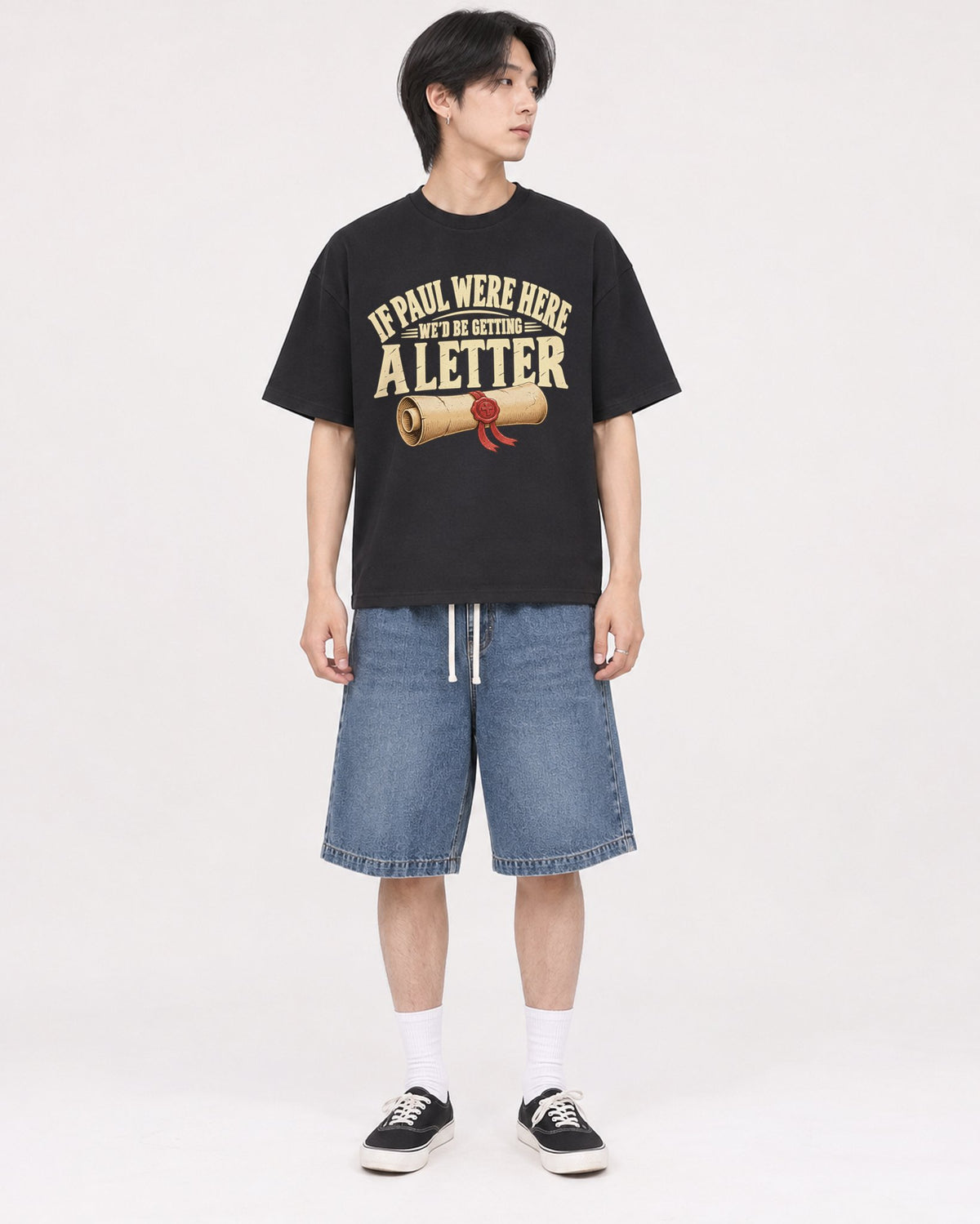 Mockup Boxy Heavyweight Tee Black male full-body 11